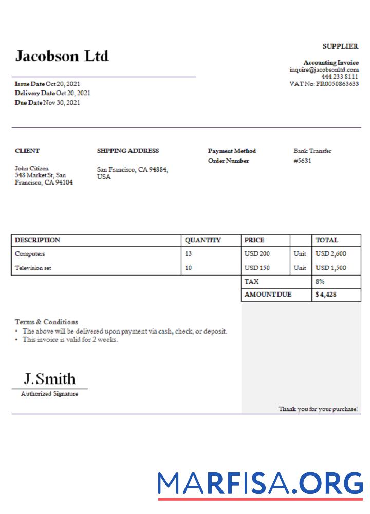 Realistic USA Jacobson Ltd invoice example